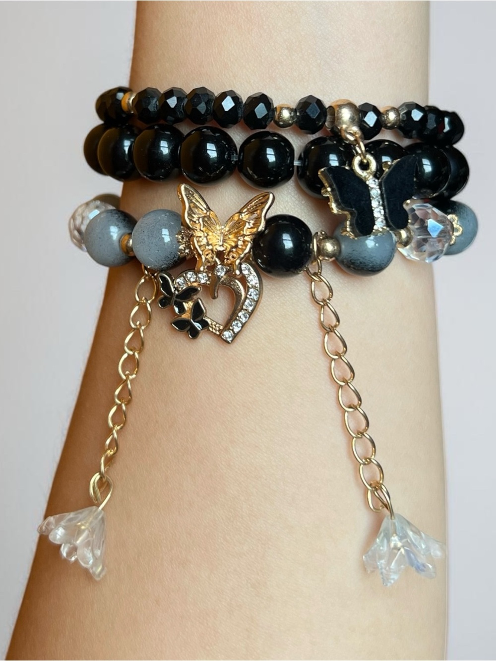 Lily Heart Black Butterfly Charm Beaded 3 Pieces Stretch Bracelet Set NWOT